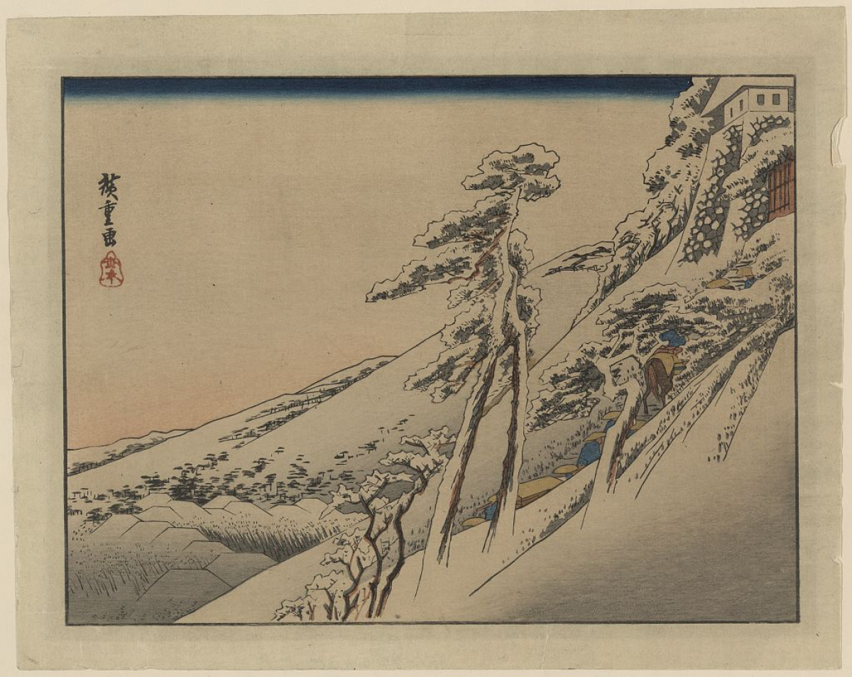 Andō, Hiroshige, Artist. Pilgrims Ascending Snow-Covered Hillside Toward Temple at Summit. Japan, ca. 1830. [Between and 1858, Printed Later] Photograph. https://www.loc.gov/item/2009615503/.